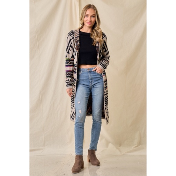 Oatmeal Multi Rainbow Aztec Jacquard Hooded Knit Open Cardigan Western Sweater - Picture 4 of 7